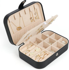 Compact Travel Jewelry Box 2-Layer PU Leather Organizer for Women Black