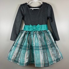 Bonnie Jean Girls 4 Teal Plaid Metallic Holiday Party Dress Long Sleeve Easter