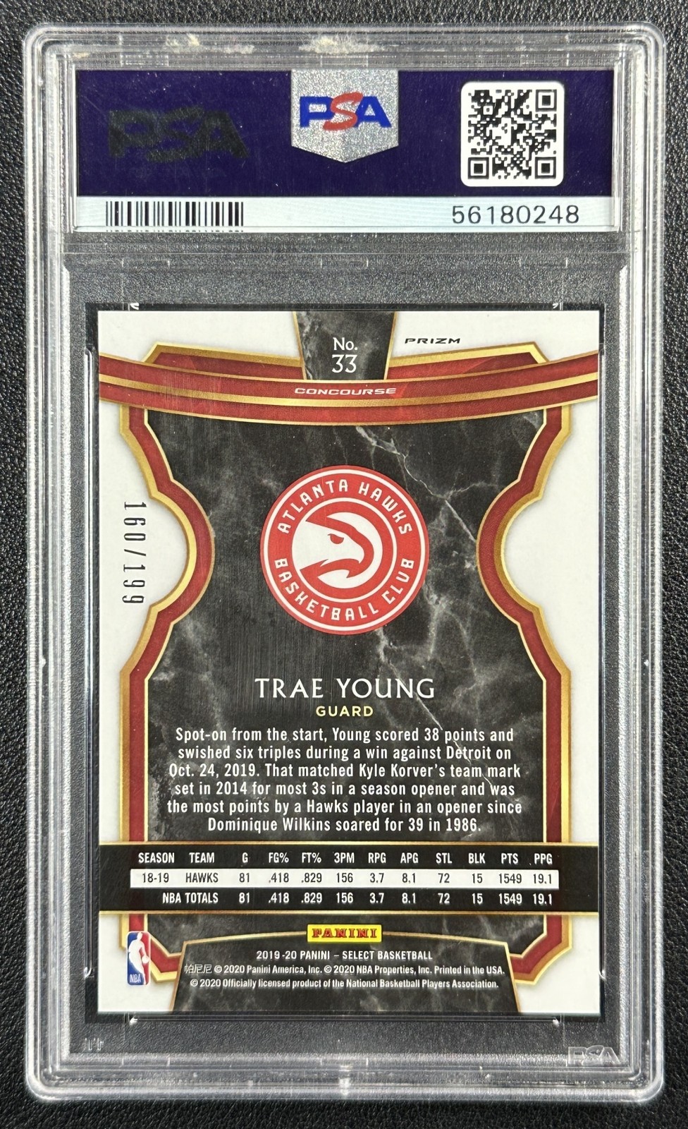 TRAE YOUNG PSA 10 2019-20 PANINI SELECT #33 2ND YEAR RED PRIZM CONCOURSE 160/199 view 2