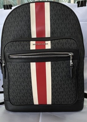 Michael Kors Men's Monogram Backpack Black Red White Stripe Zip Pockets