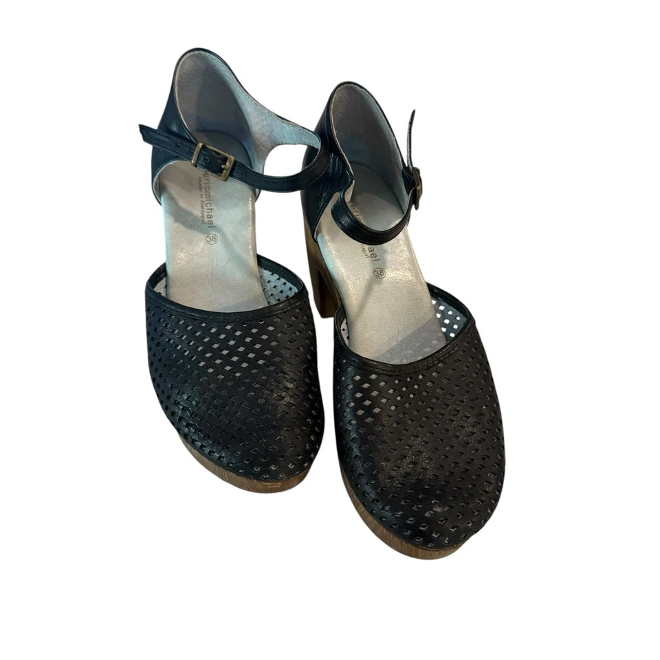 Eric Michael Black Leather Wood Heel Mary Jane Clogs Women’s EU38 US7.5 Portugal - Image 3 of 4