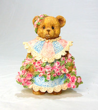 RARE Enesco Cherished Teddies figurine in a pink  blue dress w/roses 3"x3"