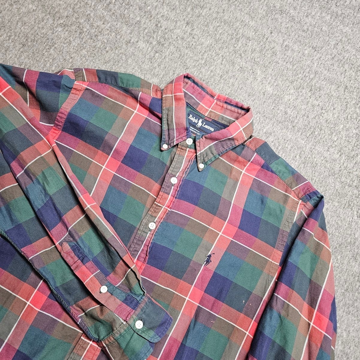 Ralph Lauren Button Down Shirt Mens Large Multi Color Plaid Cotton Made in USA