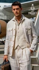 Linen Men's Safari Jacket 3Pcs Summer Vintage Blazer Hunting Jacket Casual  Coat
