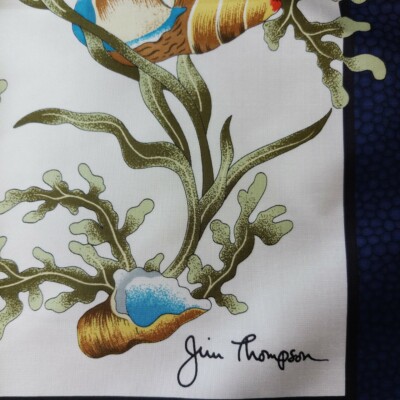 Jim Thompson Thai Silk Shawl Scarf Blue &White Fish Ocean Theme