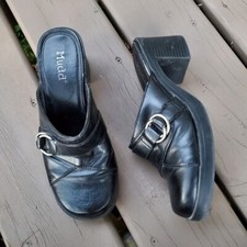 Vintage 90s y2k Mudd Black Faux Vegan Leather Chunky Heel Platform Buckle Mules