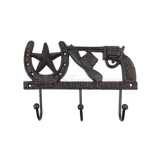 Hat Horseshoe Star Pistol Key Hook Cast Iron Towel Coat Hanger Rustic Western 