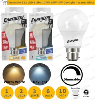 Dimmable LED GLS B22 Bayonet Bulbs 100W 60W 40W Daylight Warm White by Energizer