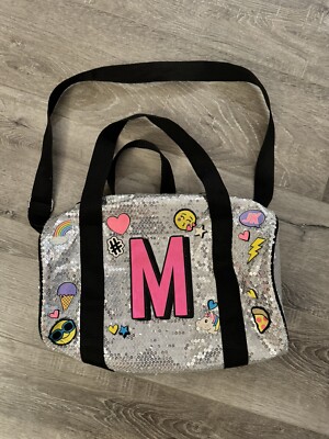 Justice Sliver Sequined shoulder Duffel Bag letter ''M'' w/ Emojis Handle