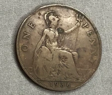 1936 British Penny error planchet clipped UK coin vintage antique currency coin