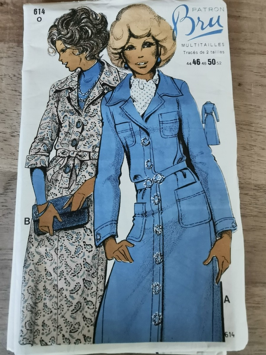 Patron De Couture Vintage BRU Années 60/70 – Robe Grand Col, Tailles 44 à 52, Non Découpé