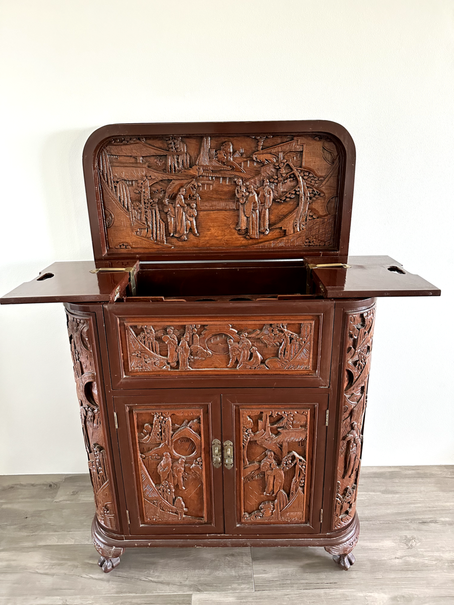 George Zee Mid Century Asian Hand Carved Teak Dry Bar Cabinet | eBay