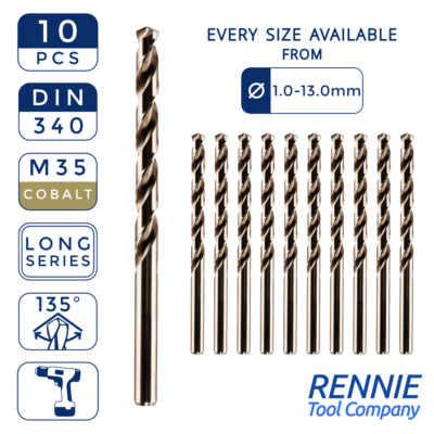 Box mit 10 x DIN340 HSS Kobalt lange Serie Jobber Bohrer alle Größen M35