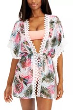Miken WHITE TROPICAL PRINT Juniors' Lace-Trim Kimono Swim Cover-up, US Medium