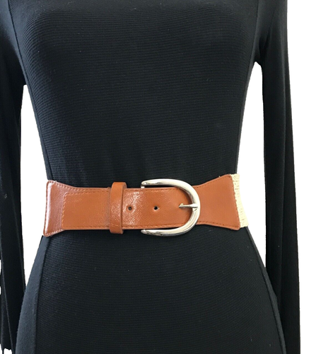Women's Belt Beige Cognac Small-Medium Woven Cinch Stretch Wide Dress Casual - Picture 2 of 10