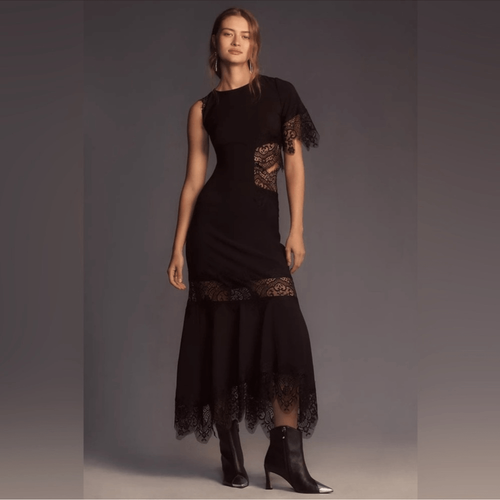 Anthropologie Hutch Asymmetrical Lace Mix Black Slip Maxi Dress NEW Size Small