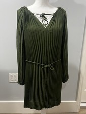 Banana Republic Green Pleated Tie Knee Length Shift Dress Balloon Sleeve M
