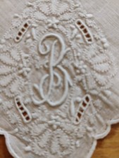 Vgt B Monogram White Embroidery White Cotton NWOT Hankie Handkerchief