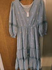 Penelope Rose Blue & White Stripe Tier Dress Spring Floral BOHO Size Small NWT