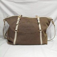 Authentic PRADA Logo Jacquard Canvas Leather 2Way Tote Shoulder Handbag