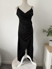 Vintage Y2K Black Slip Dress Velour Slit Wrap Strappy Party Evening Occasion 14