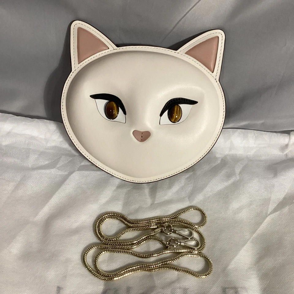 Bandolera Kate Spade X “CATS” Blanca Cuero Italiano Liso Gatito Gato Ojo de Tigre Foto 3 de 4