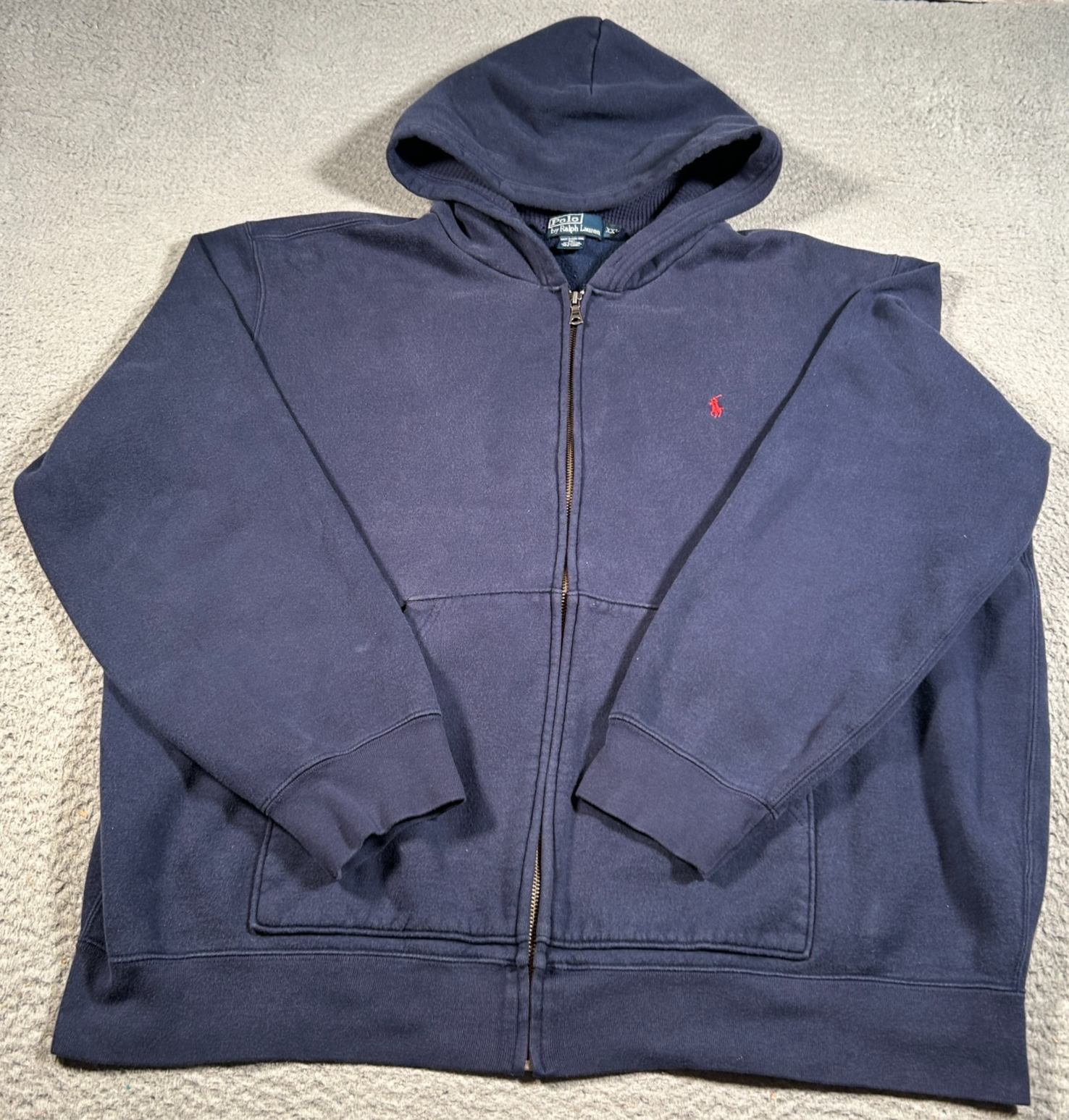 Polo Ralph Lauren giacca uomo 2XL blu navy full zip cappuccio rosso pony foderato pile