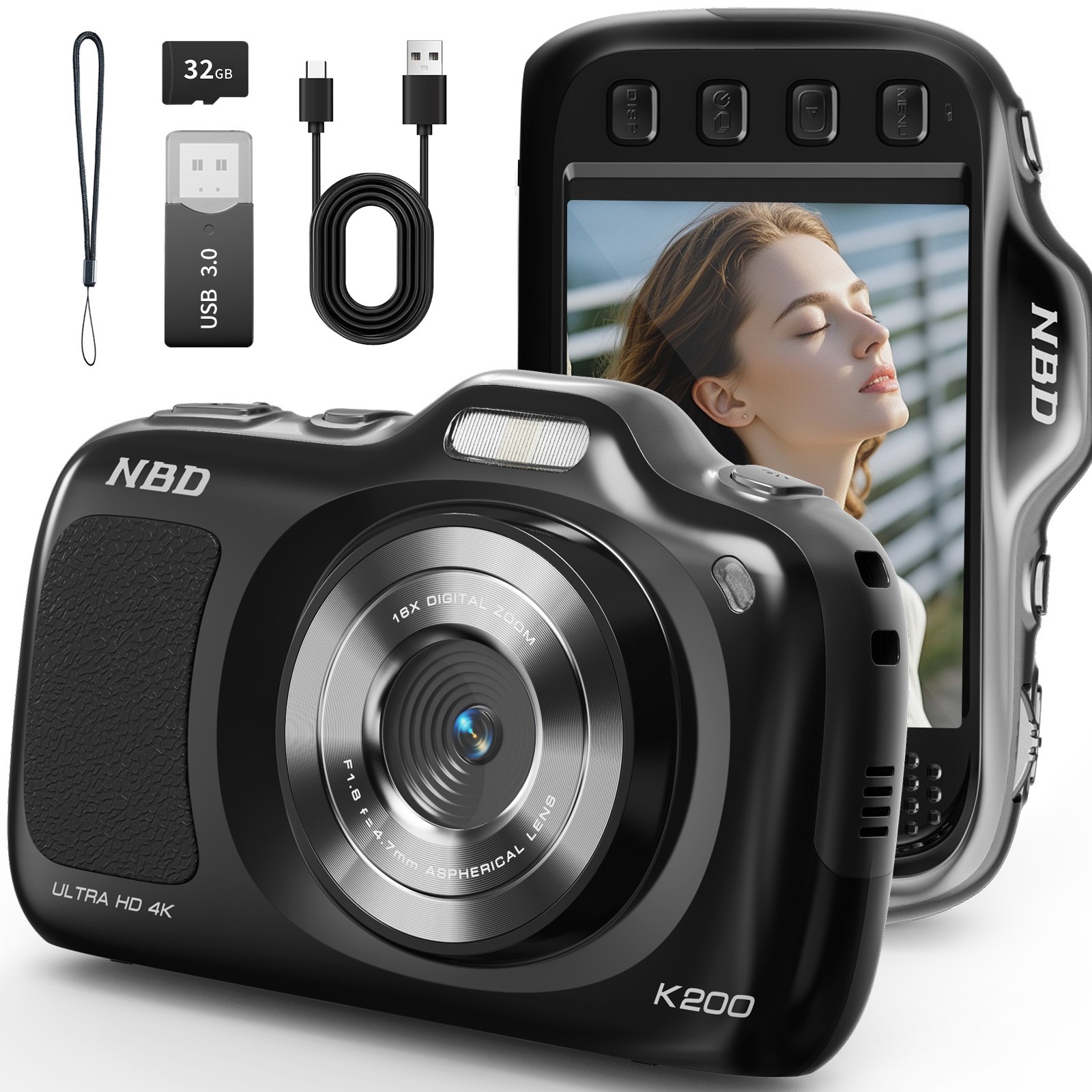 #001 - 4K Digital Camera 64MP 16X Compact Autofocus for Kids Girls with 32GB TF