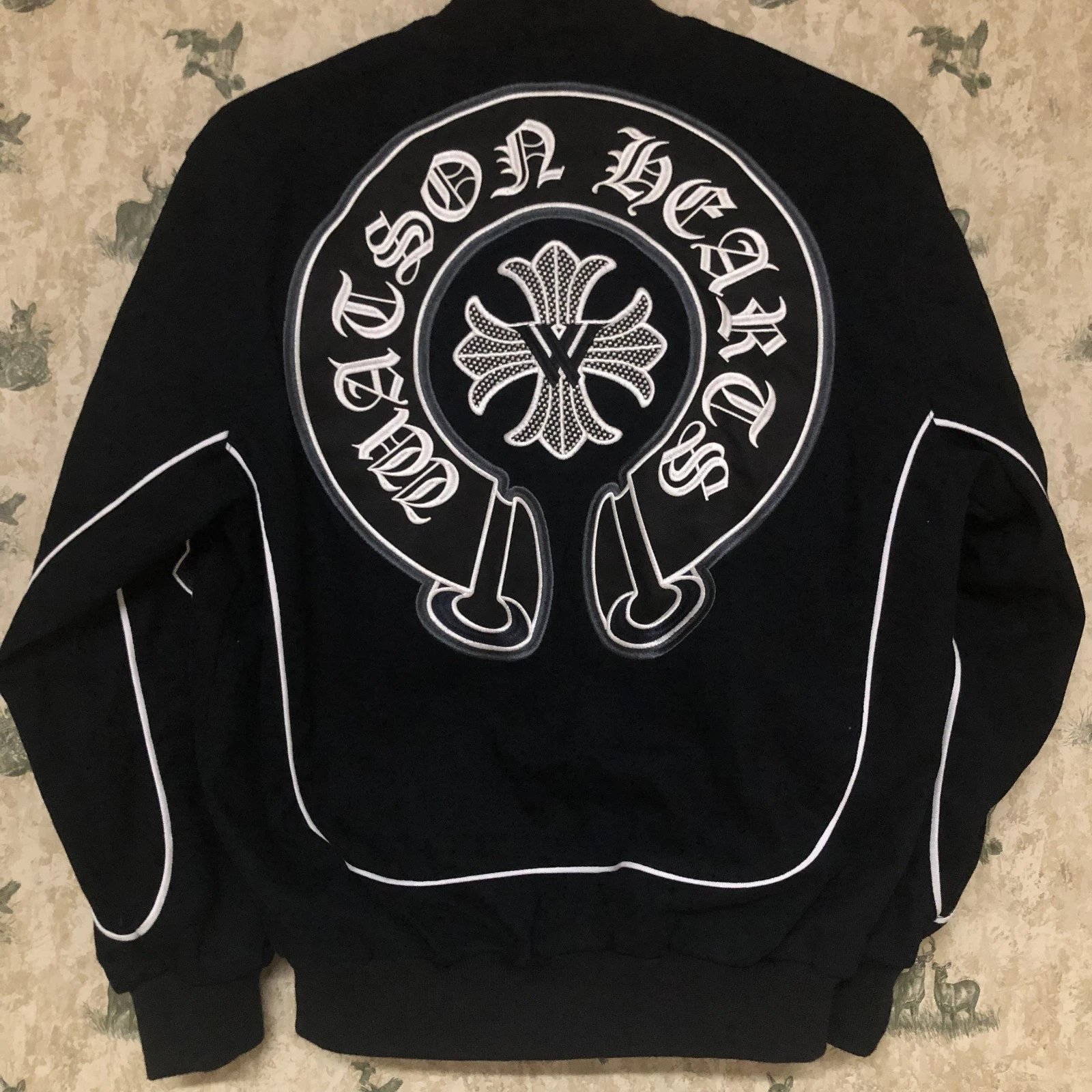 Watson Hearts Black Embroidered Skull Cross Bomber Jacket Snap-Front Button XS image 2