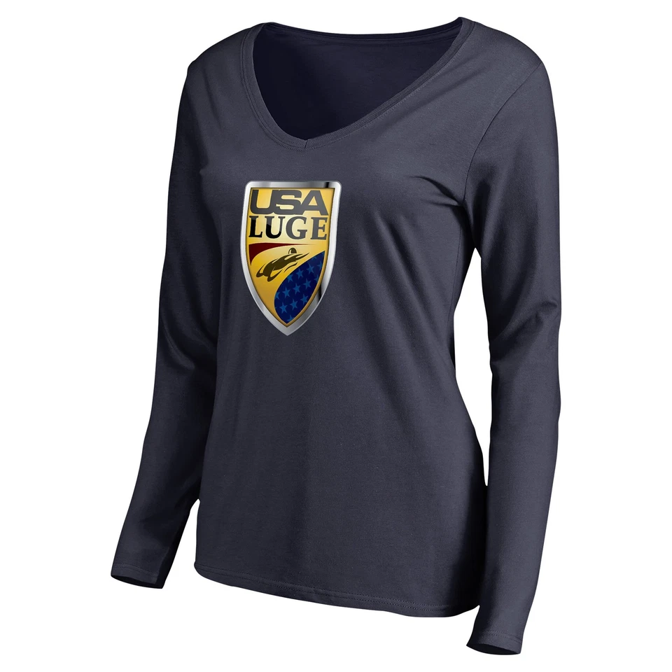 Женский темно-синий США Luge основной логотип длинным рукавом v-образным вырезом футболка - Изображение 2 из 3