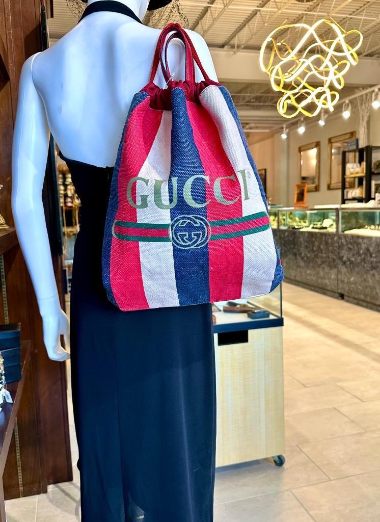 Gucci Logo Drawstring Backpack Striped Canvas Lar… - image 2