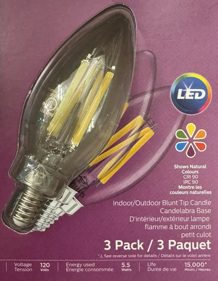 3 Philips 60-Watt Clear B11 Blunt Tip Daylight Bright LEDs w/Candelabra Base - Image 2 of 3
