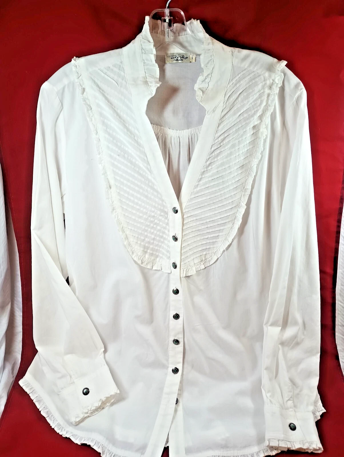 Tasha Polizzi White Bib Blouse Womens L Silver Turquoise Buttons Western DS07