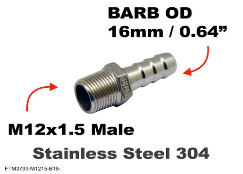 M12x1.5 Male to BARB OD 16mm / 0.64" Stainless Tail Adaptor Hose Connector - 第 1/6 張圖片
