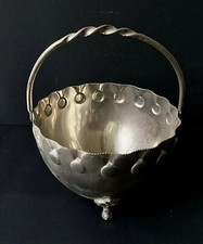 OLD SMALL SILVER METAL TRIPOD BASKET / Antique silver-plate basketball 