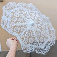 Vintage White Lace Doll Umbrella Parasol 10  Plastic Handle Bear Prop Victorian