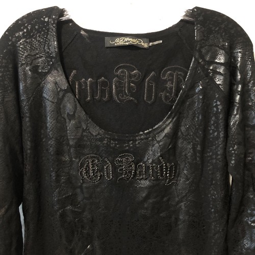 Vestido túnica para mujer Ed Hardy vintage Y2K negro ostentoso talla XL piel de serpiente mini - Imagen 2 de 20
