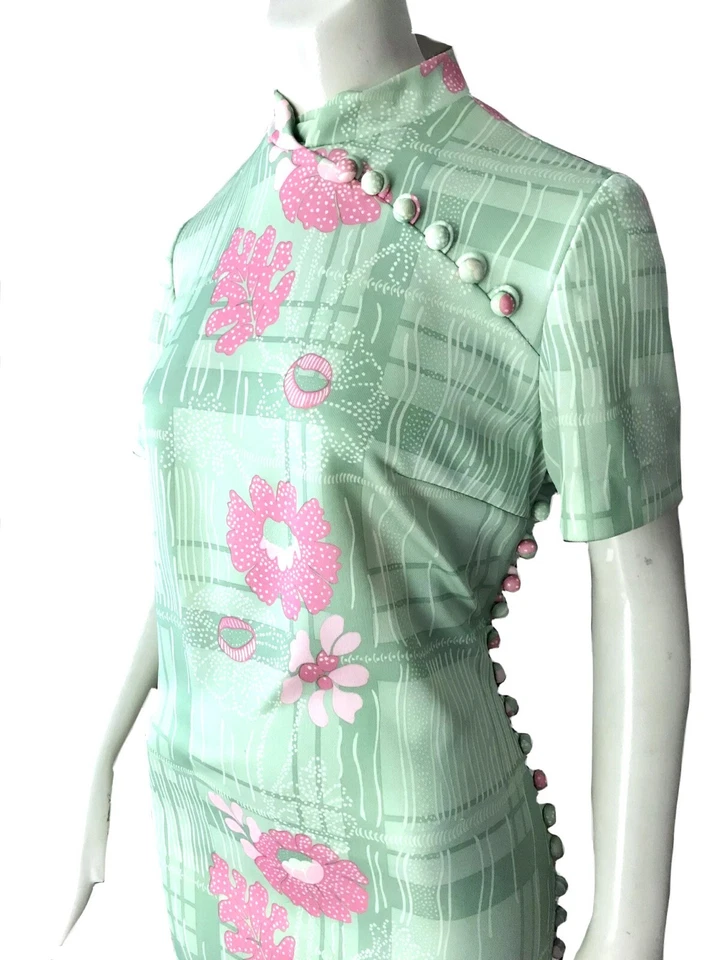 vintage 1960s Leslie Fay green pink floral tropical Mandarin style dress Medium - Image 2 of 4