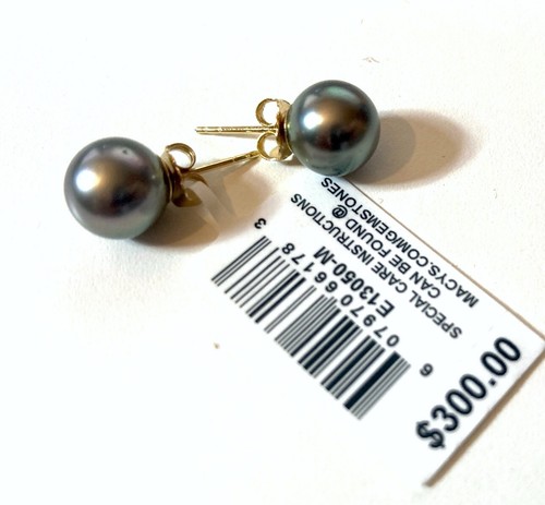 MACY'S BLACK CULTURED TAHITIAN PEARL 9 MM 14K GOLD STUD EARRINGS NEW MSRP $300 - Picture 10 of 10