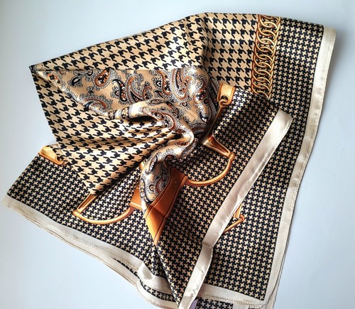 NEW Satin Square Scarf Imitation Silk Equestrian Brown Paisley Houndstooth 35"