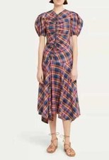 Ulla Johnson Womens Plaid Silk Cotton Bubble Sleeves Retro Plaid Long Dress