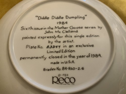 Diddle Diddle Dumpling Collectors Plate John McClelland Reco 1984 Mother Goose - Picture 5 of 7