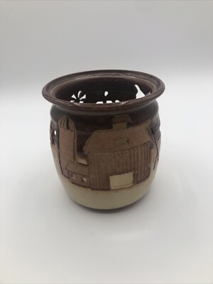 Stoneware Votive Candle Luminary Cut Out Farm - Scape Brown Signed Turner