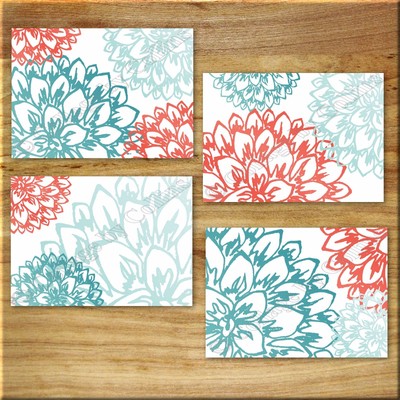 Teal Coral Aqua Turquoise Wall Art Prints Decor Peony Flower Floral Burst Dahlia Ebay