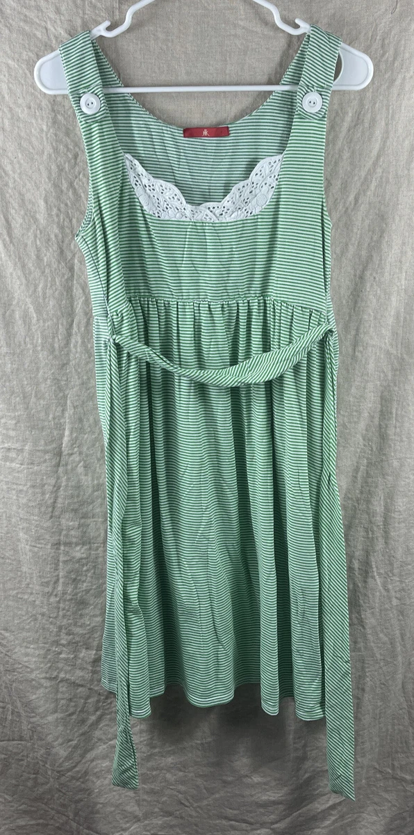 JK Women's Green/White Striped Wide Strap Belted A-Line Summer Dress Size Medium