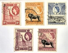 British Ex Colony UGANDA KENYA & TANGANYIKA - Queen Elizabeth II 1950s 5x Stamps
