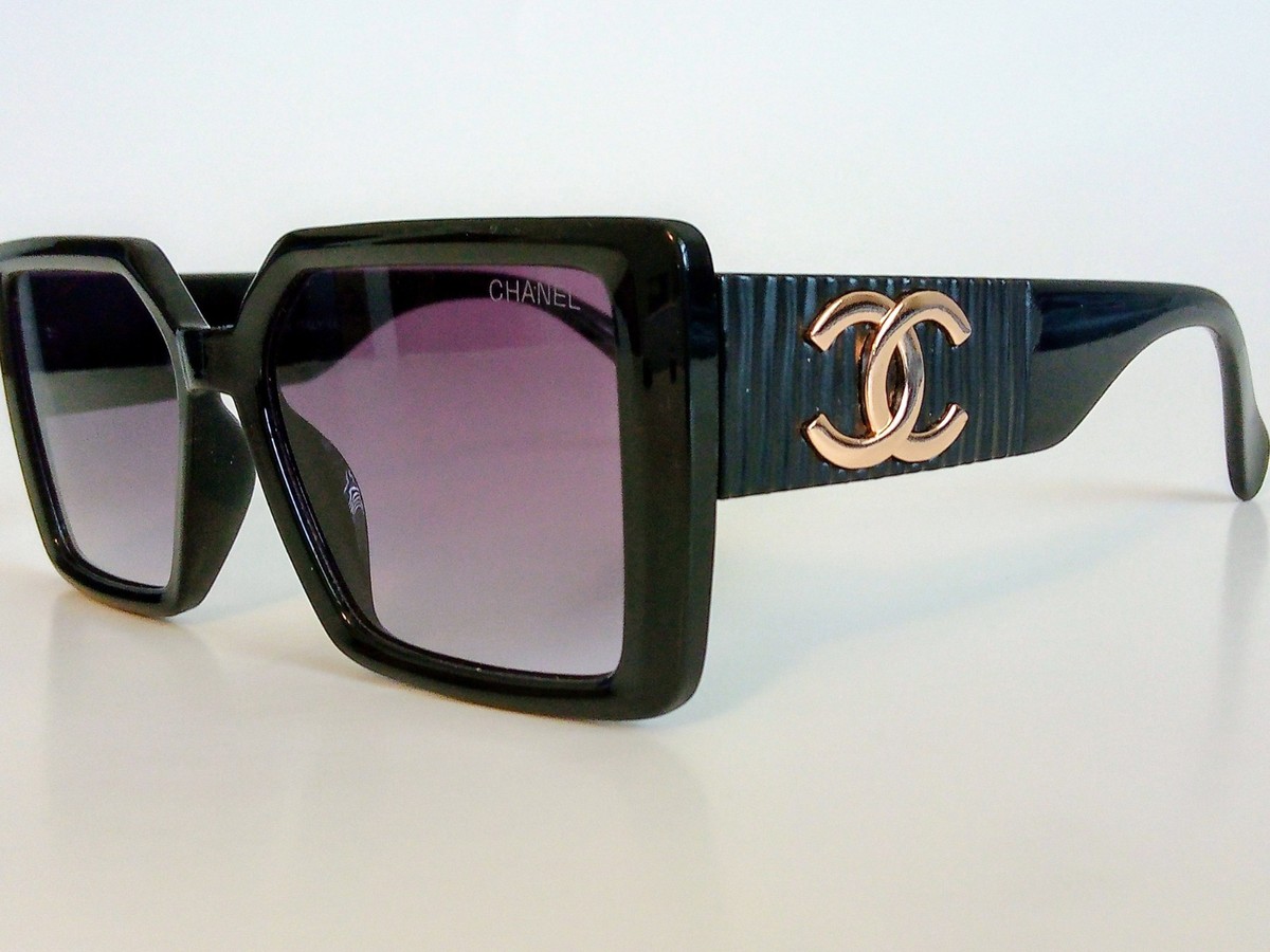 CHANEL Sunglasses Black Square Frame Gold Logo Purple Lens | eBay