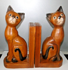 Paar Di Serre Libro In Legno Intagliato Figurina Gatto Bella Taglia Collezione