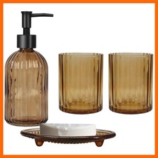 Glass Bathroom Accessories Set, 4Pcs Soap Dispenser Set Brown