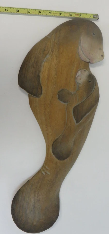 Arte de pared de madera tallada de manatí madre y bebé DE COLECCIÓN 1980 TALLADO A MANO Foto 3 de 4